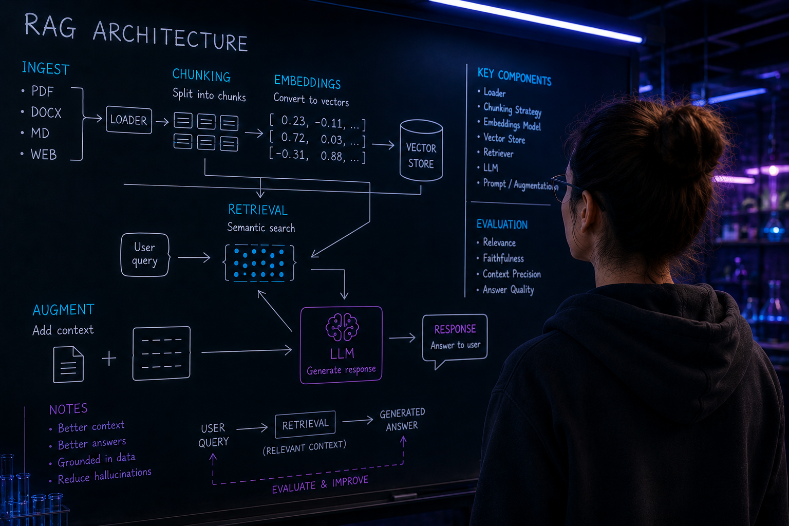 Female Engineer watching at white board with RAG graphs