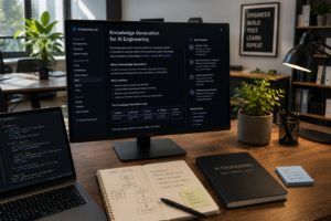 Desktop with laptop and notebook